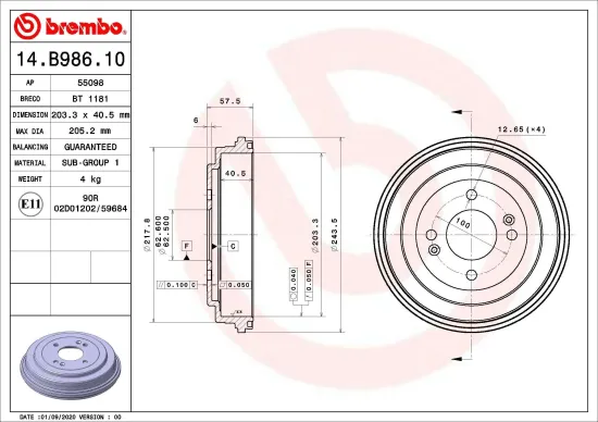 Bremstrommel Hinterachse BREMBO 14.B986.10 Bild Bremstrommel Hinterachse BREMBO 14.B986.10