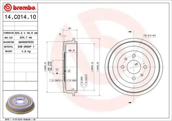 Bremstrommel Hinterachse BREMBO 14.C014.10 Bild Bremstrommel Hinterachse BREMBO 14.C014.10
