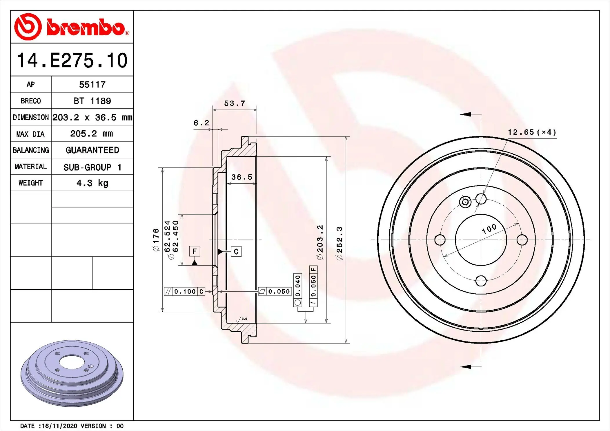 Bremstrommel Hinterachse BREMBO 14.E275.10