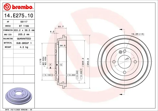 Bremstrommel Hinterachse BREMBO 14.E275.10 Bild Bremstrommel Hinterachse BREMBO 14.E275.10