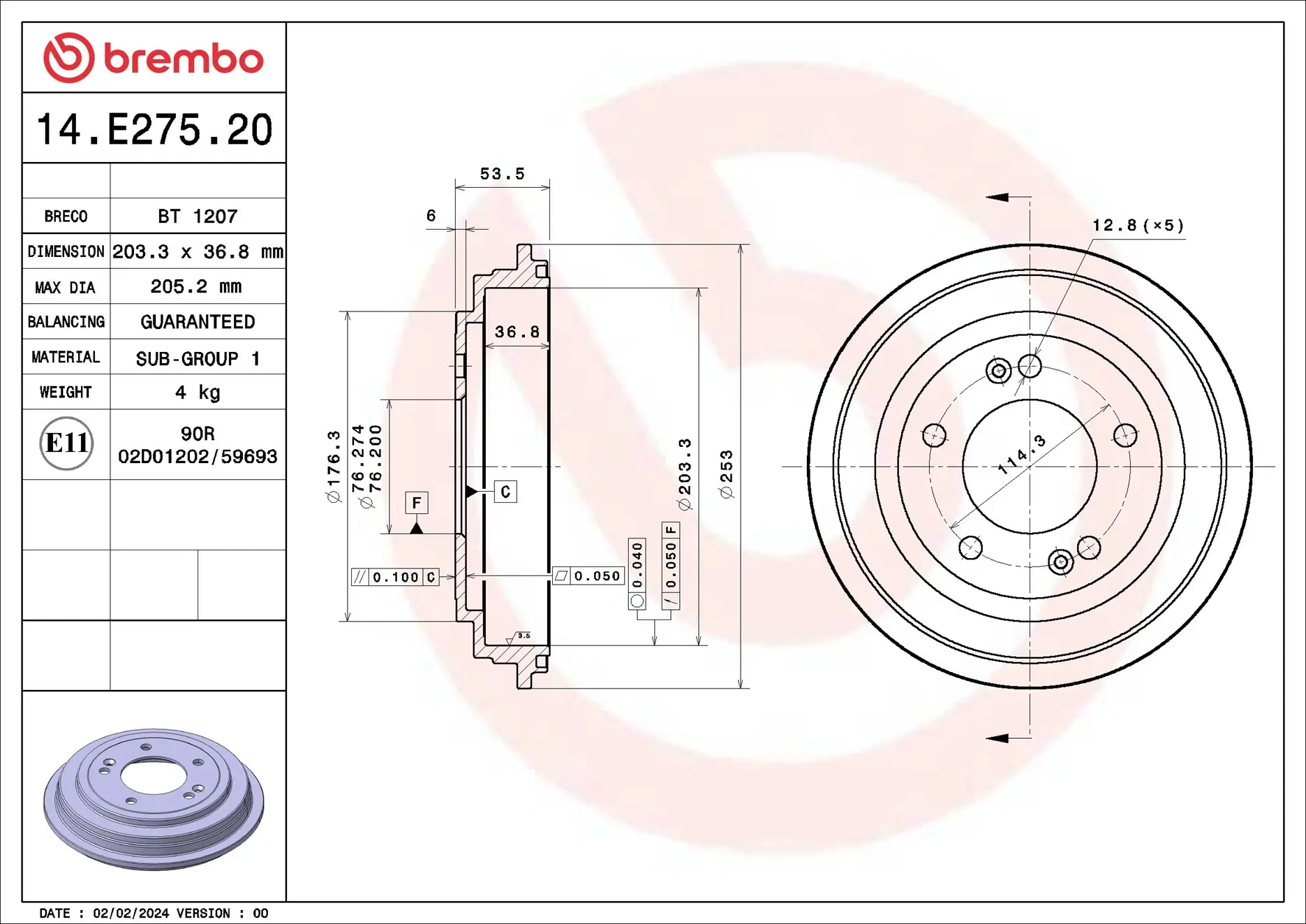 Bremstrommel Hinterachse BREMBO 14.E275.20