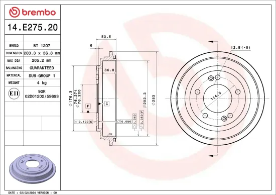 Bremstrommel Hinterachse BREMBO 14.E275.20 Bild Bremstrommel Hinterachse BREMBO 14.E275.20