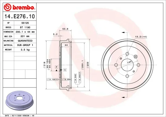 Bremstrommel Hinterachse BREMBO 14.E276.10 Bild Bremstrommel Hinterachse BREMBO 14.E276.10