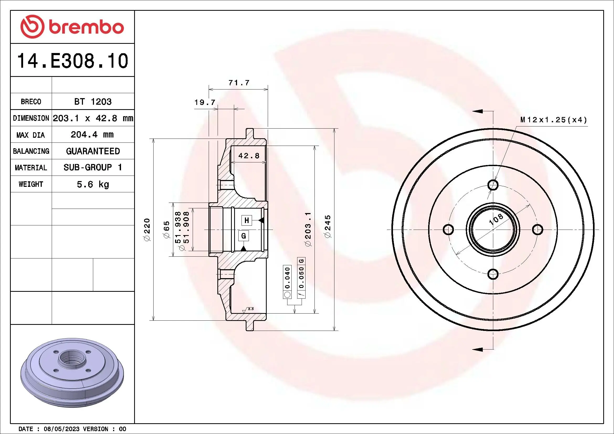 Bremstrommel BREMBO 14.E308.10