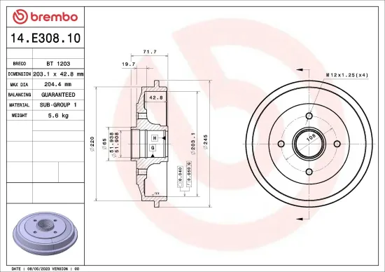 Bremstrommel BREMBO 14.E308.10 Bild Bremstrommel BREMBO 14.E308.10