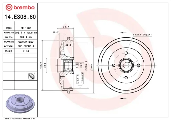 Bremstrommel Hinterachse BREMBO 14.E308.60 Bild Bremstrommel Hinterachse BREMBO 14.E308.60