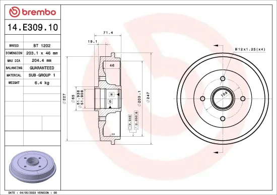 Bremstrommel Hinterachse BREMBO 14.E309.10 Bild Bremstrommel Hinterachse BREMBO 14.E309.10