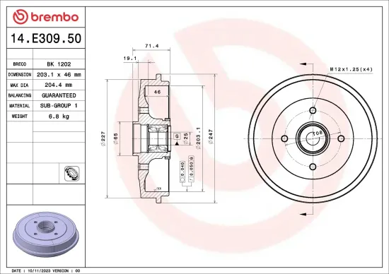 Bremstrommel Hinterachse BREMBO 14.E309.50 Bild Bremstrommel Hinterachse BREMBO 14.E309.50