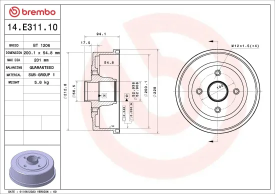 Bremstrommel BREMBO 14.E311.10 Bild Bremstrommel BREMBO 14.E311.10