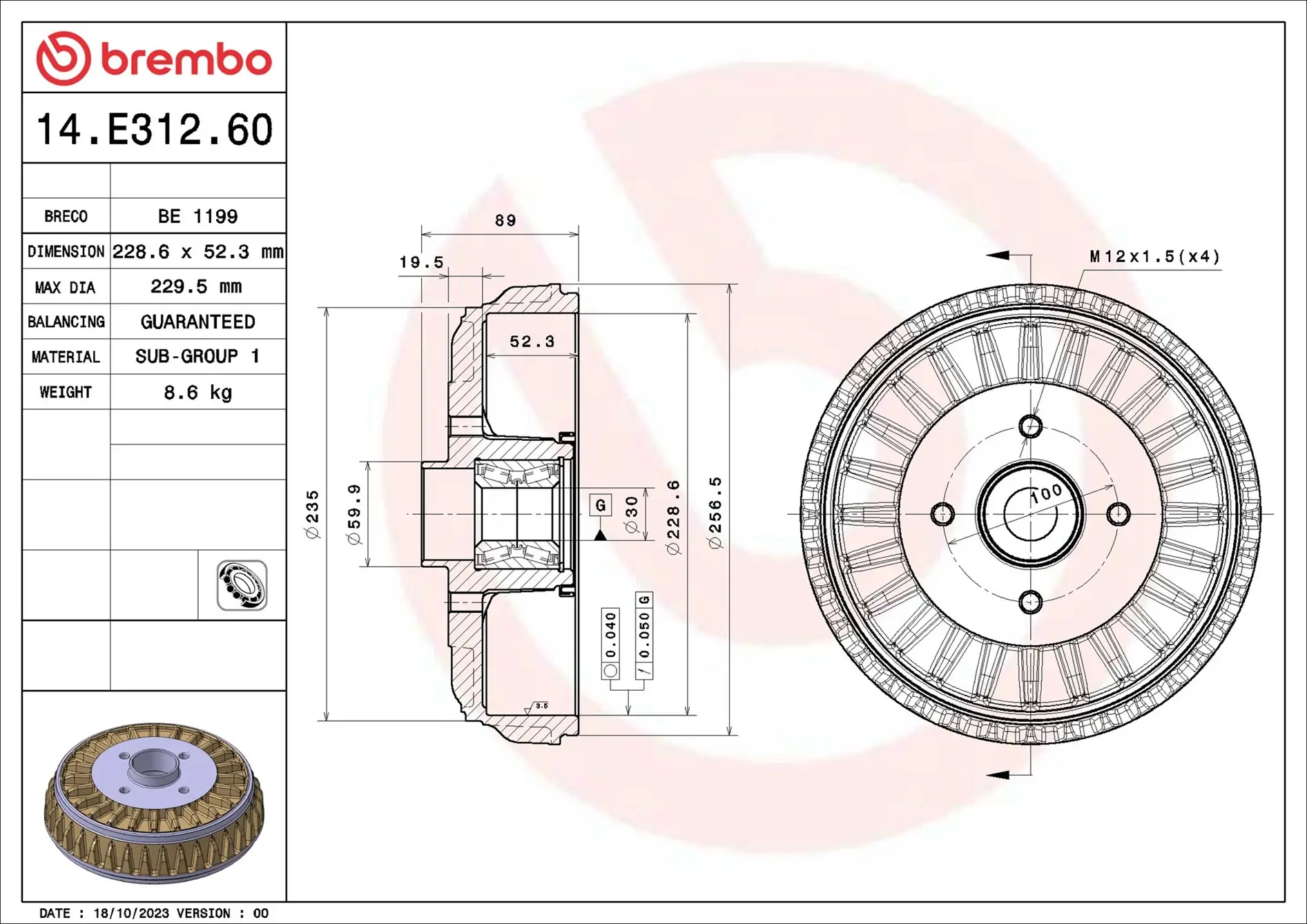 Bremstrommel Hinterachse BREMBO 14.E312.60