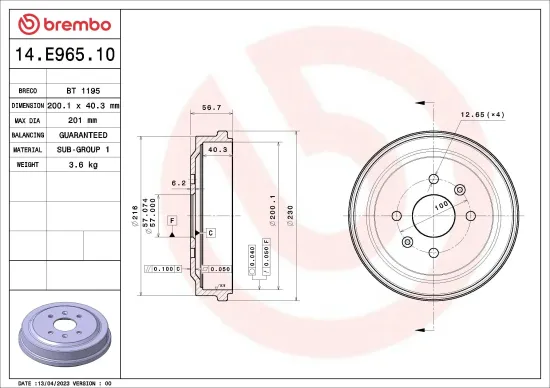 Bremstrommel Hinterachse BREMBO 14.E965.10 Bild Bremstrommel Hinterachse BREMBO 14.E965.10