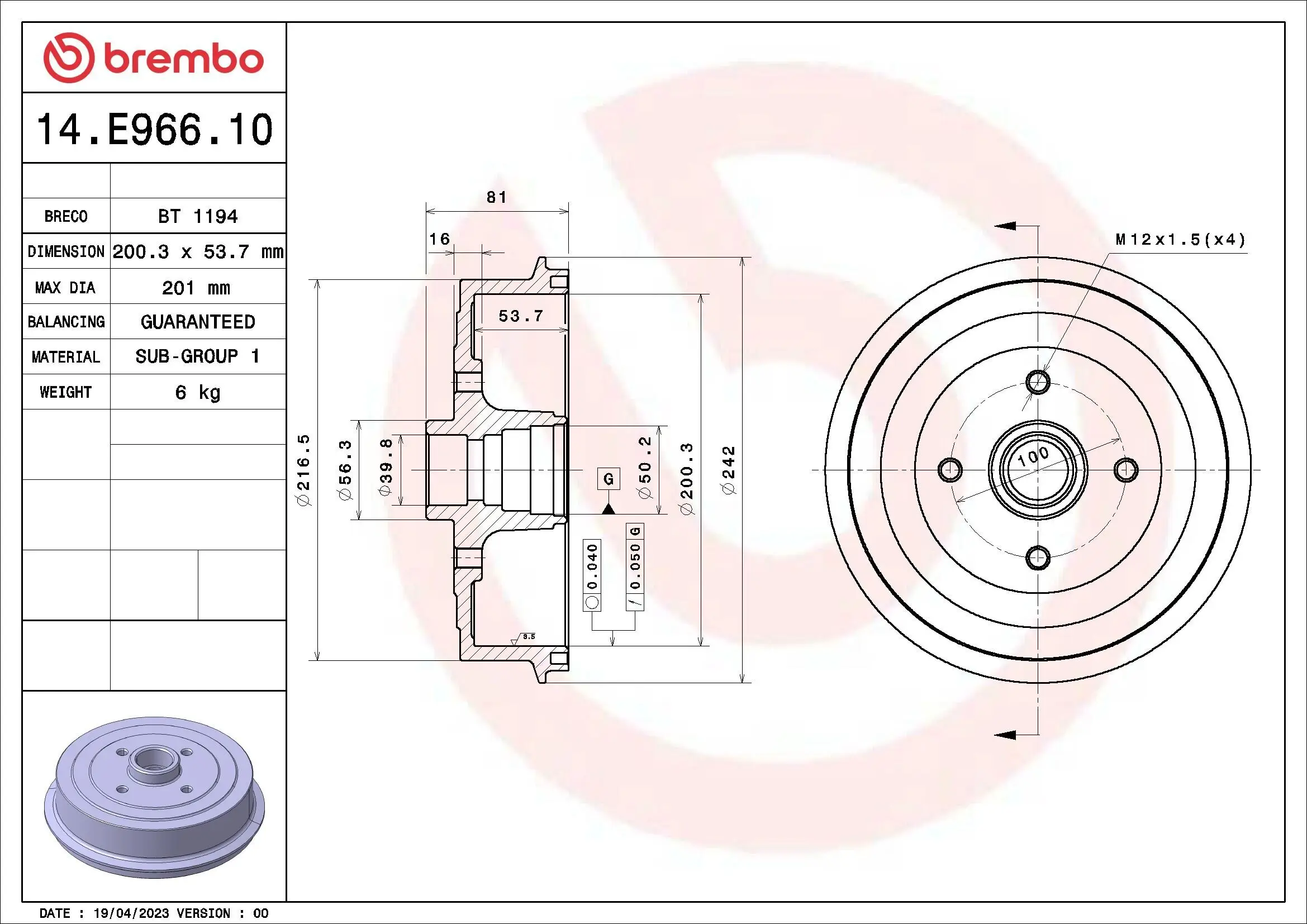 Bremstrommel Hinterachse BREMBO 14.E966.10