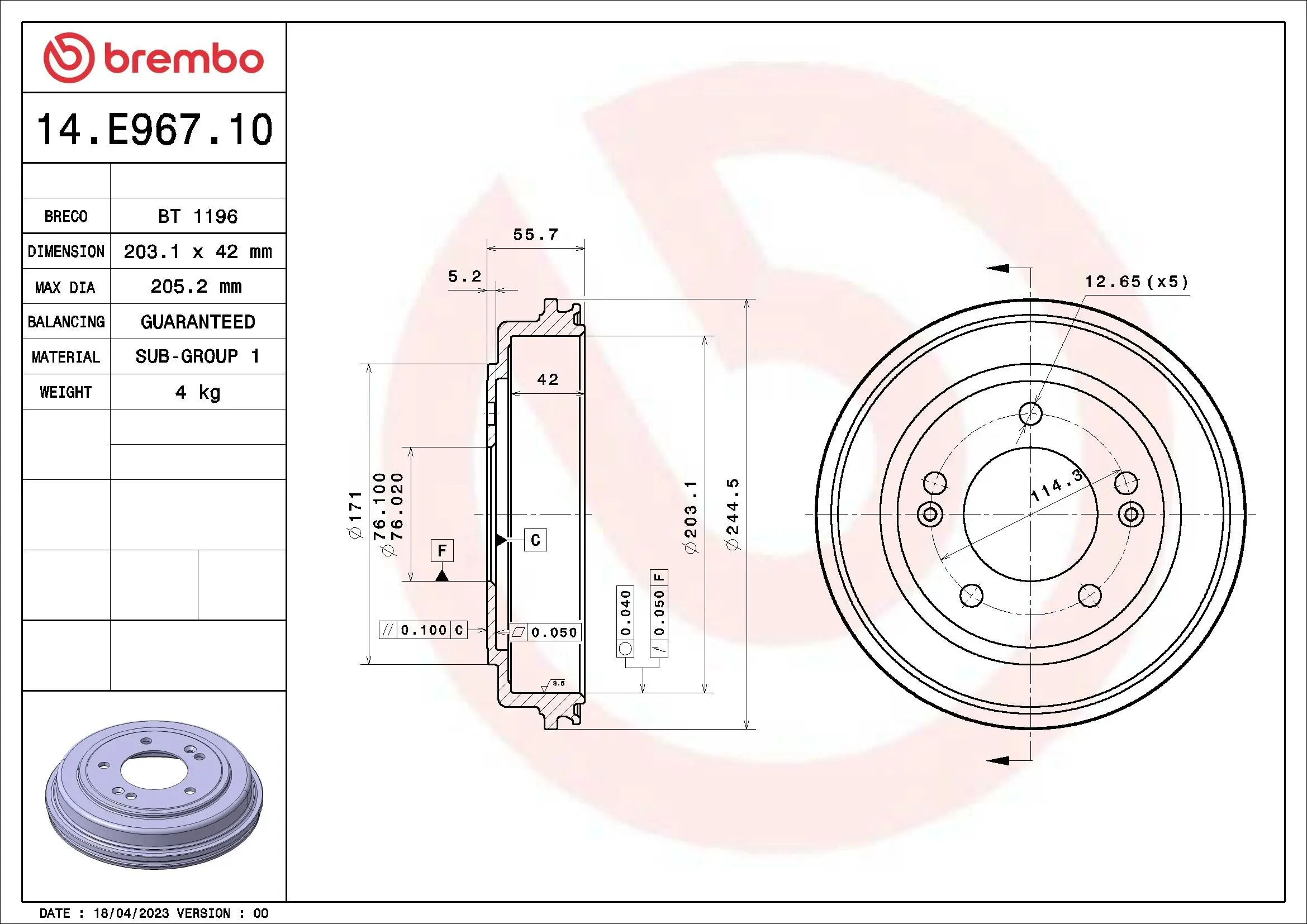 Bremstrommel Hinterachse BREMBO 14.E967.10