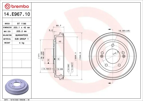 Bremstrommel Hinterachse BREMBO 14.E967.10 Bild Bremstrommel Hinterachse BREMBO 14.E967.10