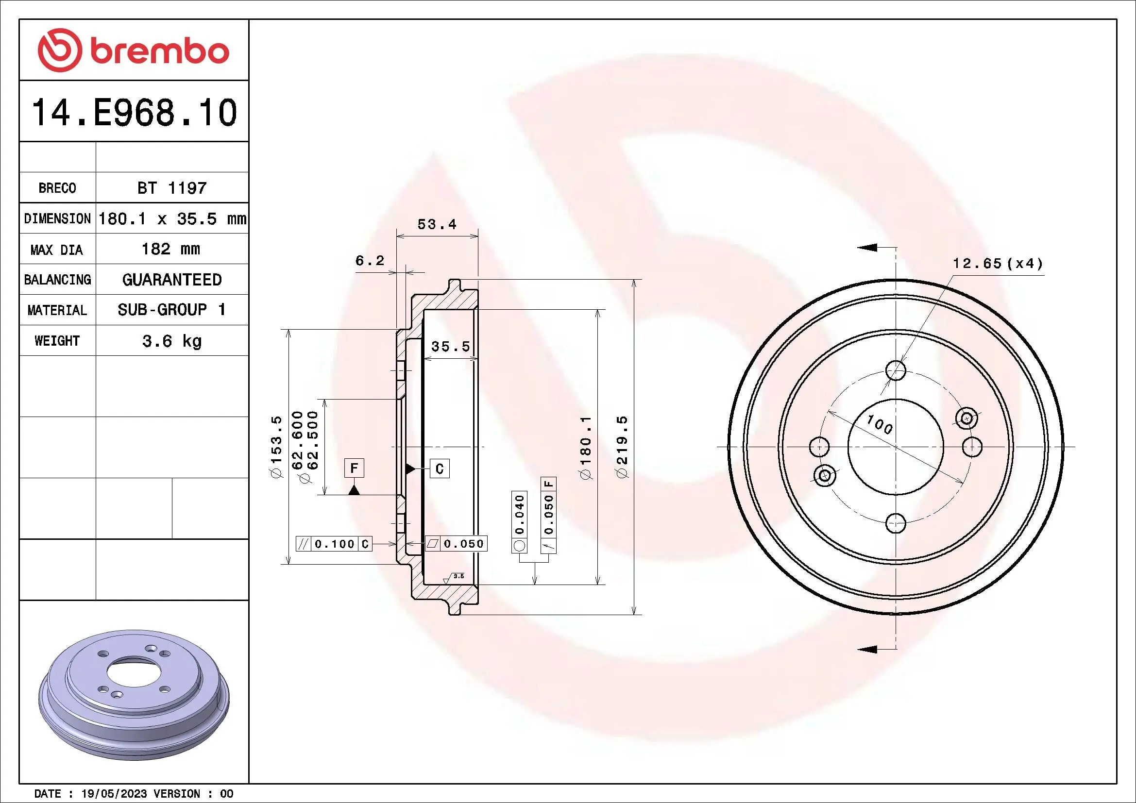 Bremstrommel Hinterachse BREMBO 14.E968.10