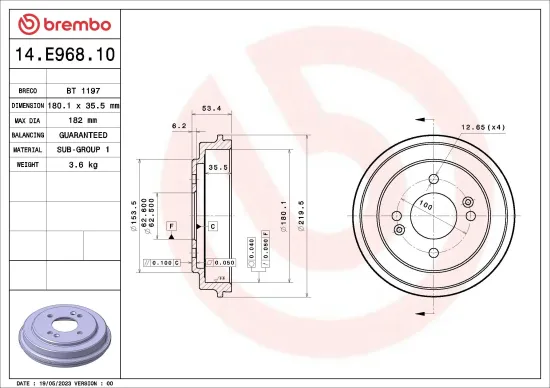 Bremstrommel Hinterachse BREMBO 14.E968.10 Bild Bremstrommel Hinterachse BREMBO 14.E968.10