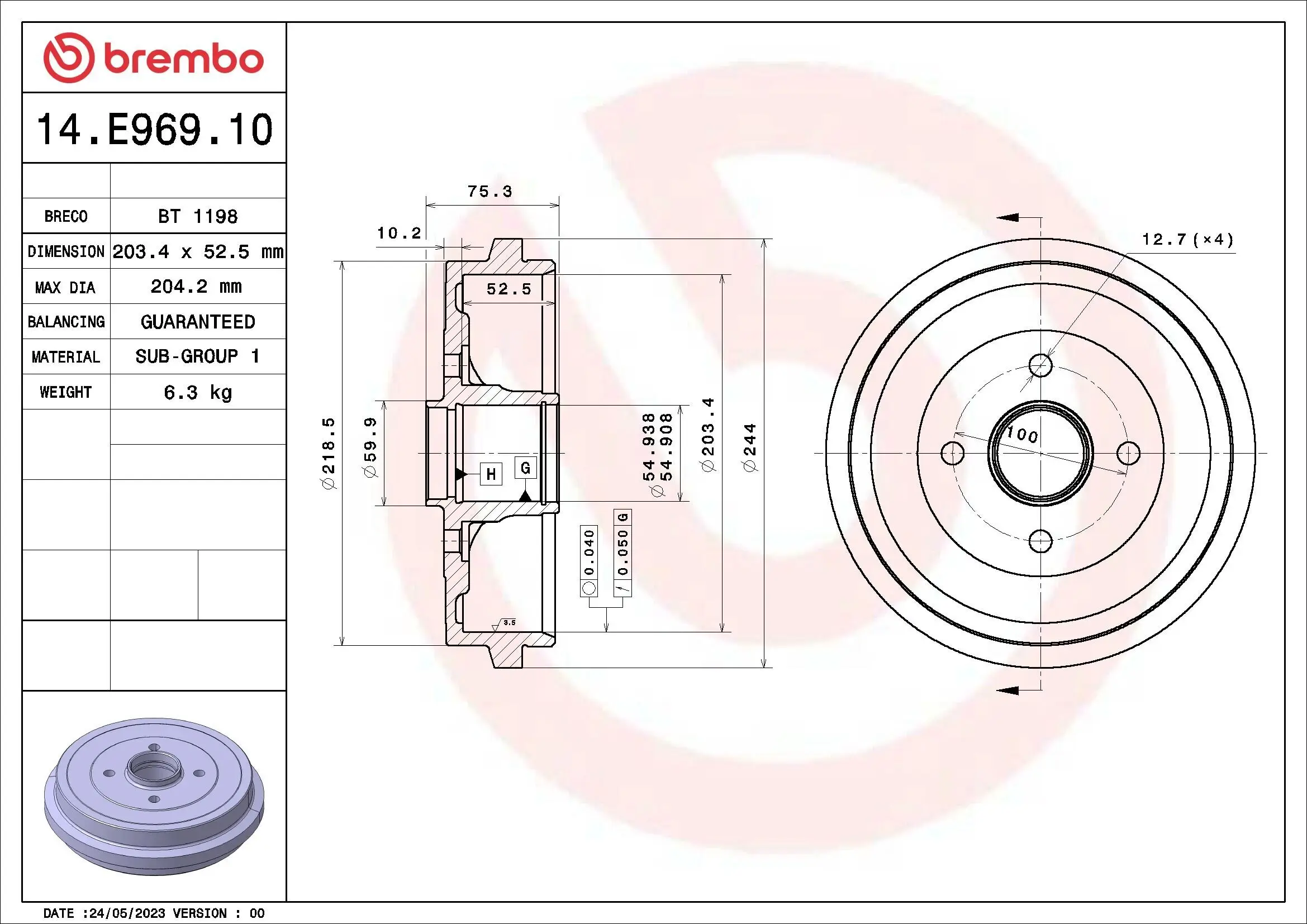 Bremstrommel Hinterachse BREMBO 14.E969.10