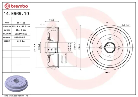 Bremstrommel Hinterachse BREMBO 14.E969.10 Bild Bremstrommel Hinterachse BREMBO 14.E969.10