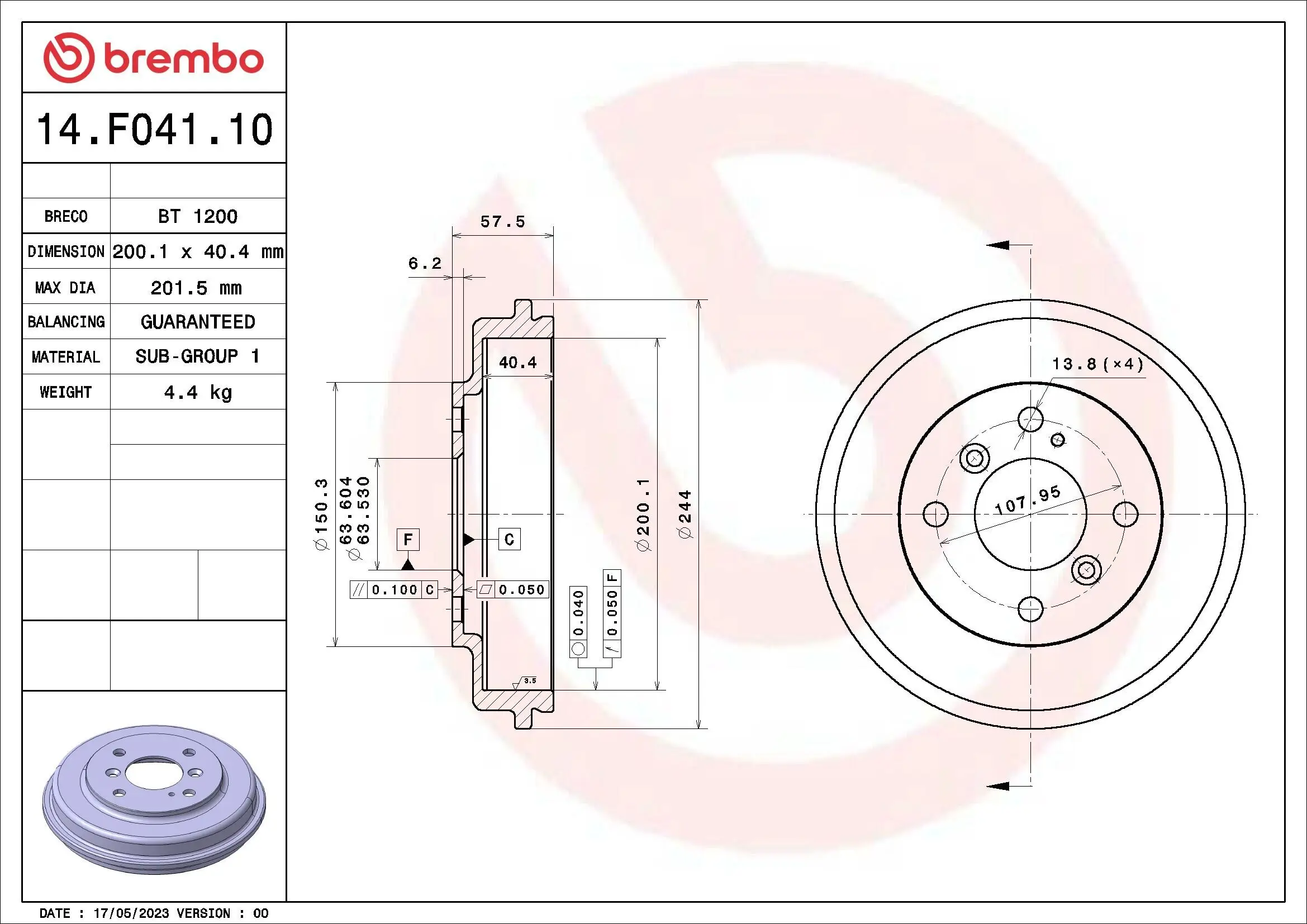 Bremstrommel BREMBO 14.F041.10 Bild Bremstrommel BREMBO 14.F041.10