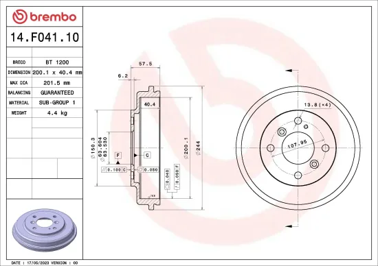 Bremstrommel Hinterachse BREMBO 14.F041.10 Bild Bremstrommel Hinterachse BREMBO 14.F041.10