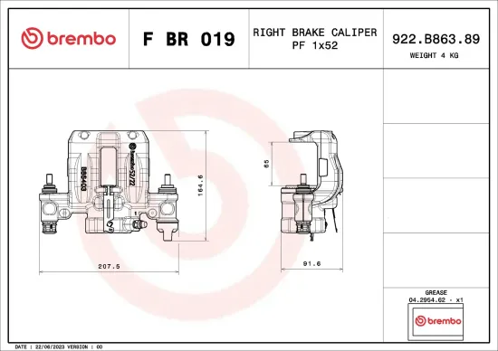 Bremssattel Hinterachse rechts vor der Achse BREMBO F BR 019 Bild Bremssattel Hinterachse rechts vor der Achse BREMBO F BR 019