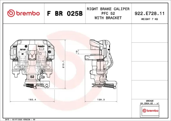 Bremssattel Hinterachse rechts vor der Achse BREMBO F BR 025B Bild Bremssattel Hinterachse rechts vor der Achse BREMBO F BR 025B