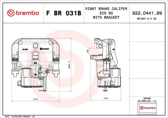 Bremssattel Hinterachse Hinterachse rechts BREMBO F BR 031B Bild Bremssattel Hinterachse Hinterachse rechts BREMBO F BR 031B