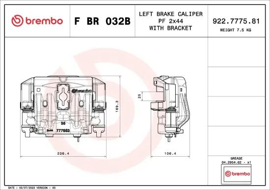 Bremssattel Hinterachse links vor der Achse BREMBO F BR 032B Bild Bremssattel Hinterachse links vor der Achse BREMBO F BR 032B