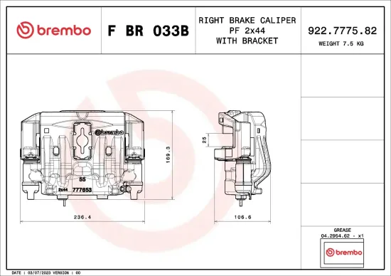 Bremssattel Hinterachse rechts vor der Achse BREMBO F BR 033B Bild Bremssattel Hinterachse rechts vor der Achse BREMBO F BR 033B