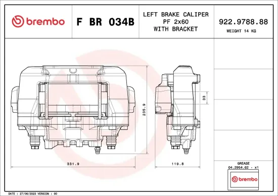 Bremssattel hinter der Achse Vorderachse links BREMBO F BR 034B Bild Bremssattel hinter der Achse Vorderachse links BREMBO F BR 034B