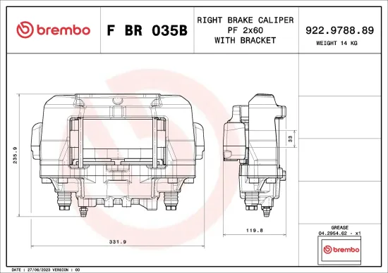 Bremssattel hinter der Achse Vorderachse rechts BREMBO F BR 035B Bild Bremssattel hinter der Achse Vorderachse rechts BREMBO F BR 035B