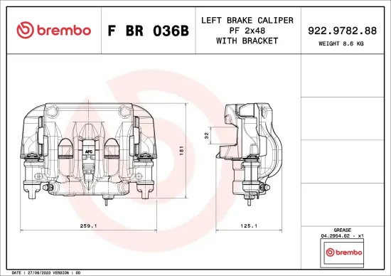 Bremssattel Hinterachse links vor der Achse BREMBO F BR 036B Bild Bremssattel Hinterachse links vor der Achse BREMBO F BR 036B