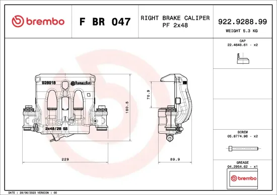 Bremssattel hinter der Achse Vorderachse rechts BREMBO F BR 047 Bild Bremssattel hinter der Achse Vorderachse rechts BREMBO F BR 047