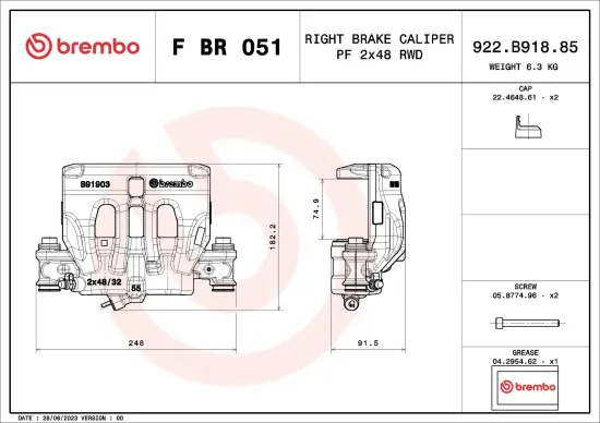Bremssattel hinter der Achse Vorderachse rechts BREMBO F BR 051 Bild Bremssattel hinter der Achse Vorderachse rechts BREMBO F BR 051