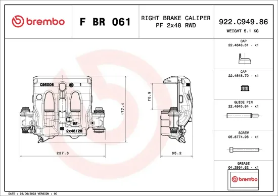 Bremssattel hinter der Achse Vorderachse rechts BREMBO F BR 061 Bild Bremssattel hinter der Achse Vorderachse rechts BREMBO F BR 061