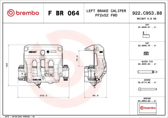 Bremssattel hinter der Achse links Vorderachse BREMBO F BR 064 Bild Bremssattel hinter der Achse links Vorderachse BREMBO F BR 064