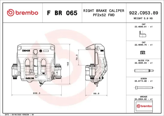 Bremssattel hinter der Achse rechts Vorderachse BREMBO F BR 065 Bild Bremssattel hinter der Achse rechts Vorderachse BREMBO F BR 065
