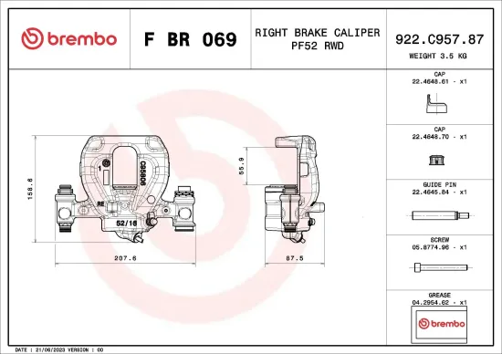 Bremssattel Hinterachse rechts vor der Achse BREMBO F BR 069 Bild Bremssattel Hinterachse rechts vor der Achse BREMBO F BR 069