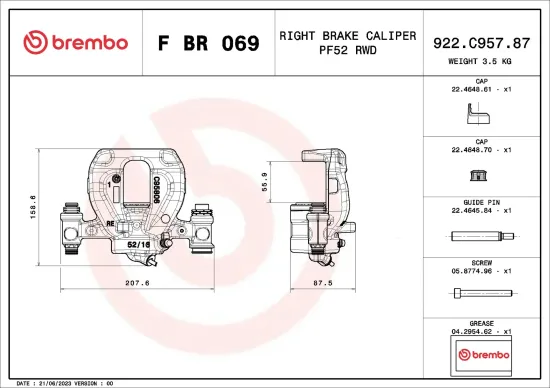 Bremssattel Hinterachse rechts vor der Achse BREMBO F BR 069 Bild Bremssattel Hinterachse rechts vor der Achse BREMBO F BR 069