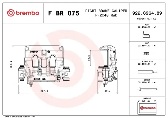 Bremssattel Hinterachse rechts vor der Achse BREMBO F BR 075 Bild Bremssattel Hinterachse rechts vor der Achse BREMBO F BR 075