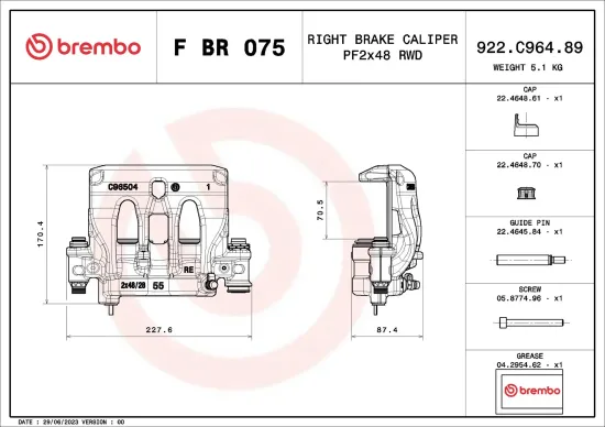 Bremssattel Hinterachse rechts vor der Achse BREMBO F BR 075 Bild Bremssattel Hinterachse rechts vor der Achse BREMBO F BR 075