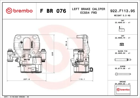 Bremssattel Hinterachse links vor der Achse BREMBO F BR 076 Bild Bremssattel Hinterachse links vor der Achse BREMBO F BR 076