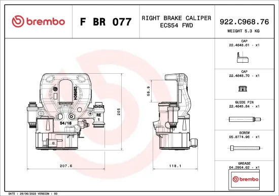 Bremssattel Hinterachse rechts vor der Achse BREMBO F BR 077 Bild Bremssattel Hinterachse rechts vor der Achse BREMBO F BR 077