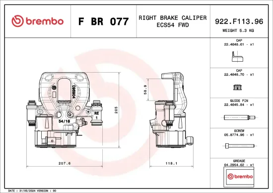 Bremssattel Hinterachse rechts vor der Achse BREMBO F BR 077 Bild Bremssattel Hinterachse rechts vor der Achse BREMBO F BR 077
