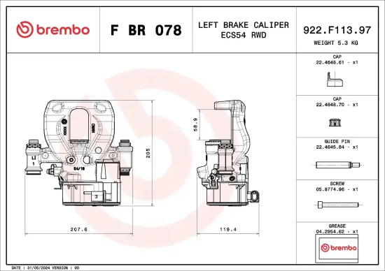 Bremssattel Hinterachse links vor der Achse BREMBO F BR 078 Bild Bremssattel Hinterachse links vor der Achse BREMBO F BR 078
