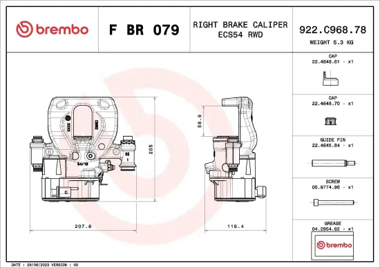 Bremssattel Hinterachse rechts vor der Achse BREMBO F BR 079 Bild Bremssattel Hinterachse rechts vor der Achse BREMBO F BR 079