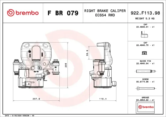 Bremssattel Hinterachse rechts vor der Achse BREMBO F BR 079 Bild Bremssattel Hinterachse rechts vor der Achse BREMBO F BR 079