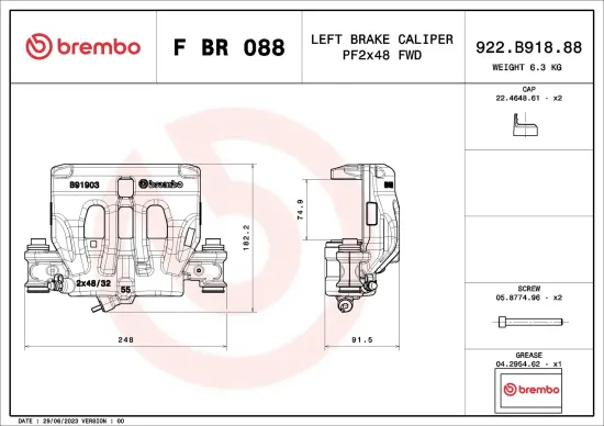 Bremssattel links Vorderachse vor der Achse BREMBO F BR 088 Bild Bremssattel links Vorderachse vor der Achse BREMBO F BR 088