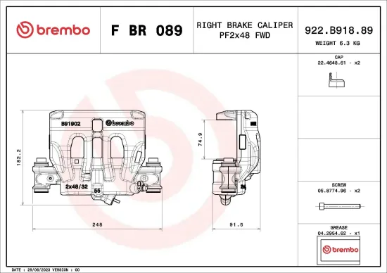 Bremssattel Vorderachse rechts vor der Achse BREMBO F BR 089 Bild Bremssattel Vorderachse rechts vor der Achse BREMBO F BR 089