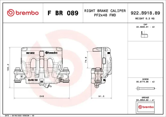 Bremssattel rechts Vorderachse vor der Achse BREMBO F BR 089 Bild Bremssattel rechts Vorderachse vor der Achse BREMBO F BR 089